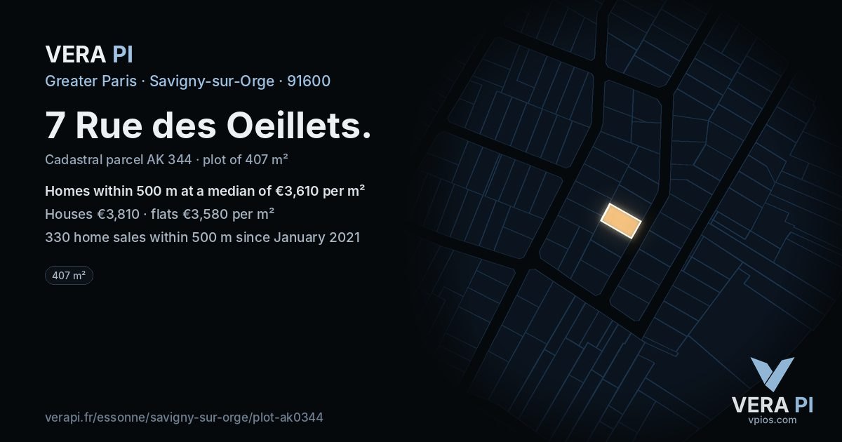 7 Rue des Oeillets, Savigny-sur-Orge at night – the plot lit, the parcels around coloured by the prices near them