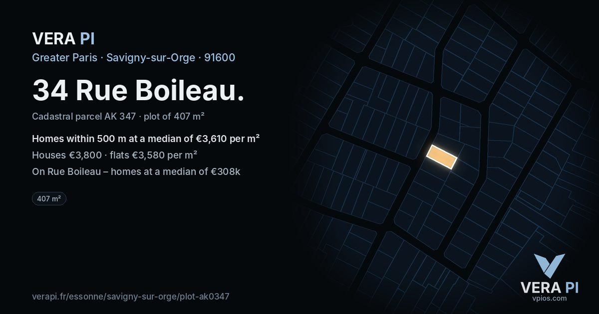 34 Rue Boileau, Savigny-sur-Orge at night – the plot lit, the parcels around coloured by the prices near them
