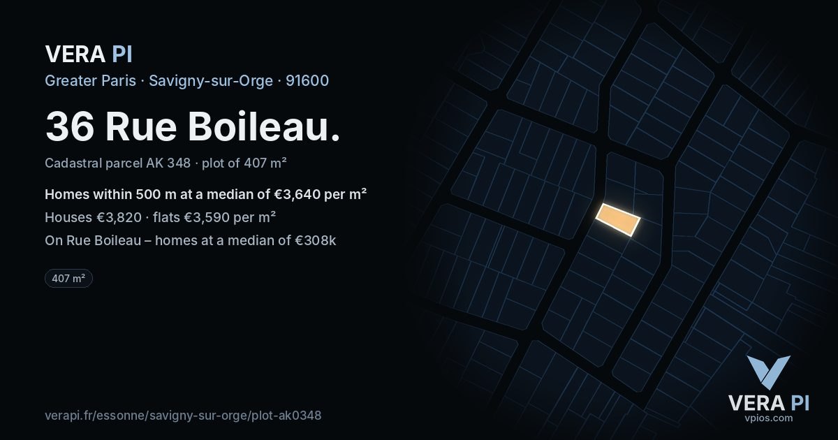 36 Rue Boileau, Savigny-sur-Orge at night – the plot lit, the parcels around coloured by the prices near them