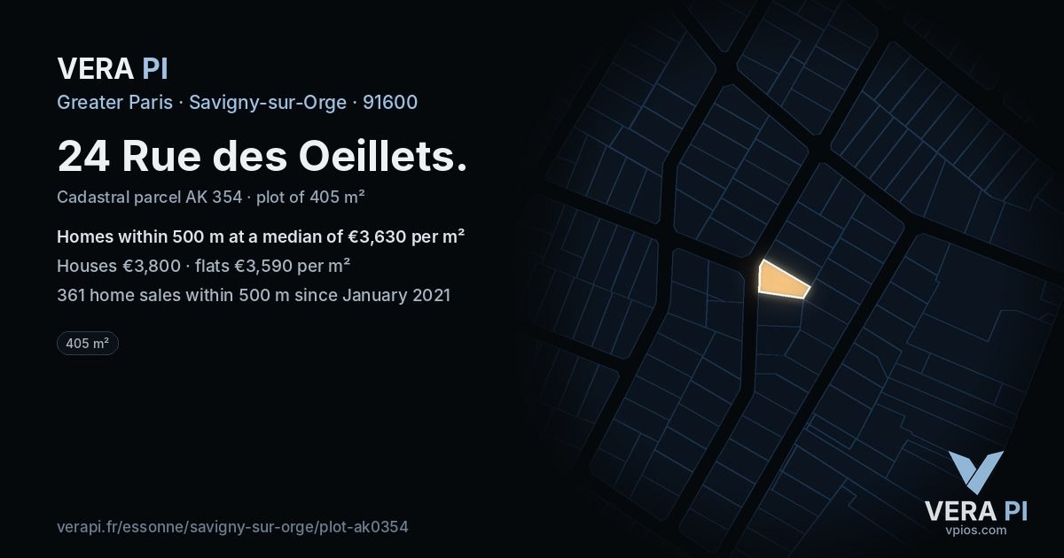 24 Rue des Oeillets, Savigny-sur-Orge at night – the plot lit, the parcels around coloured by the prices near them