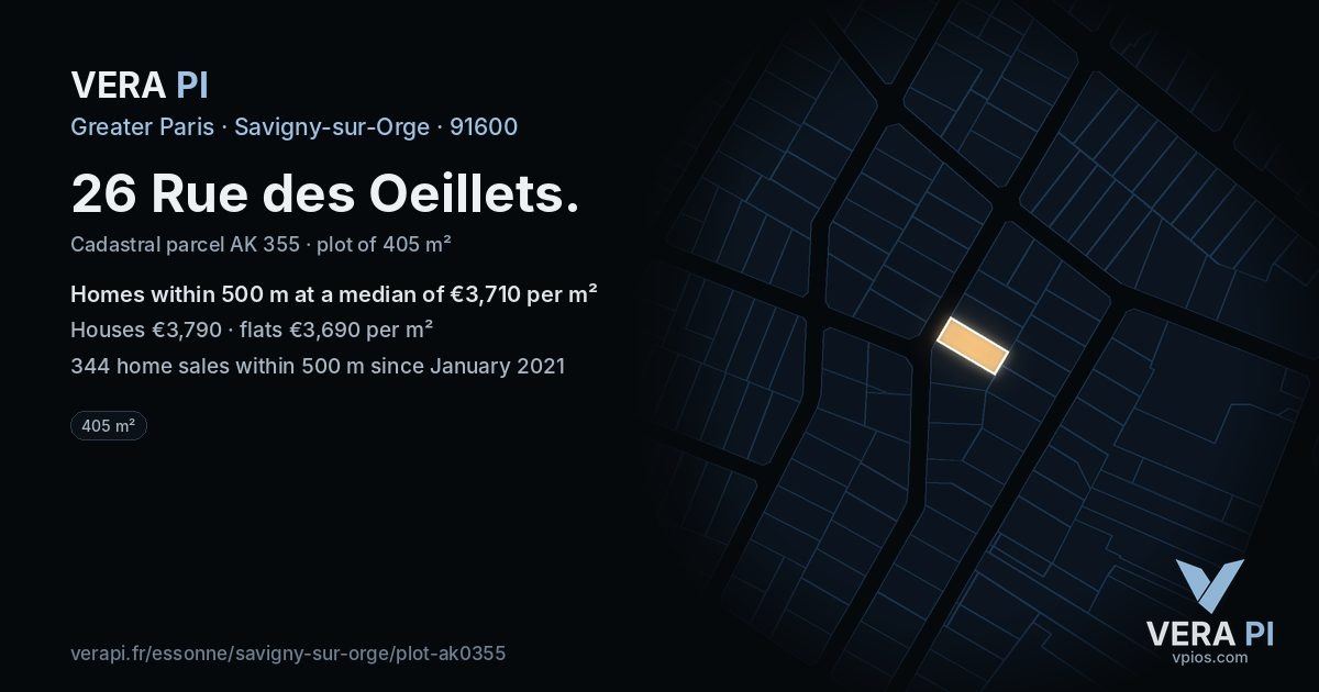 26 Rue des Oeillets, Savigny-sur-Orge at night – the plot lit, the parcels around coloured by the prices near them
