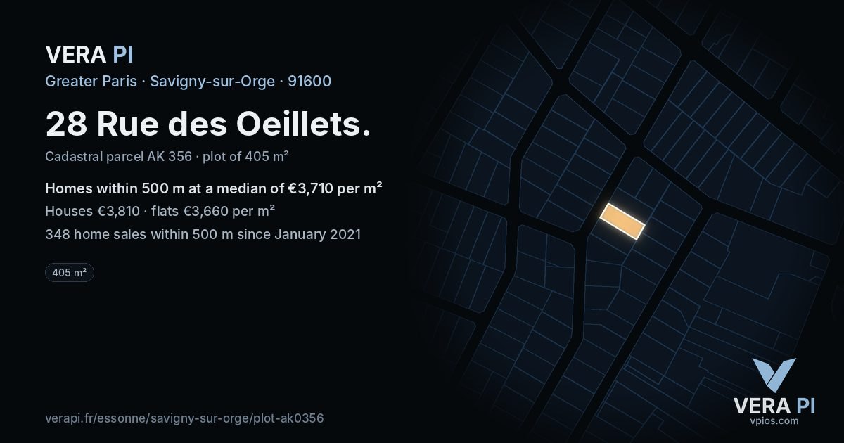 28 Rue des Oeillets, Savigny-sur-Orge at night – the plot lit, the parcels around coloured by the prices near them
