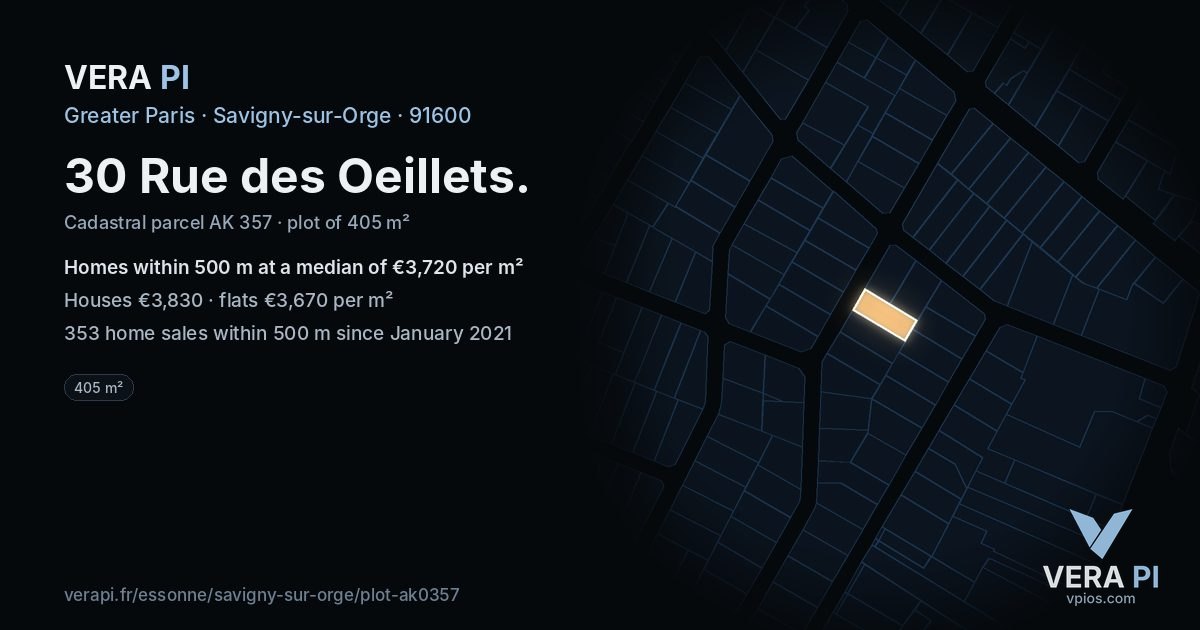 30 Rue des Oeillets, Savigny-sur-Orge at night – the plot lit, the parcels around coloured by the prices near them