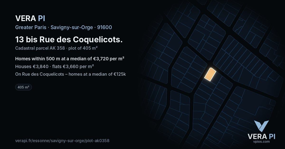 13 bis Rue des Coquelicots, Savigny-sur-Orge at night – the plot lit, the parcels around coloured by the prices near them