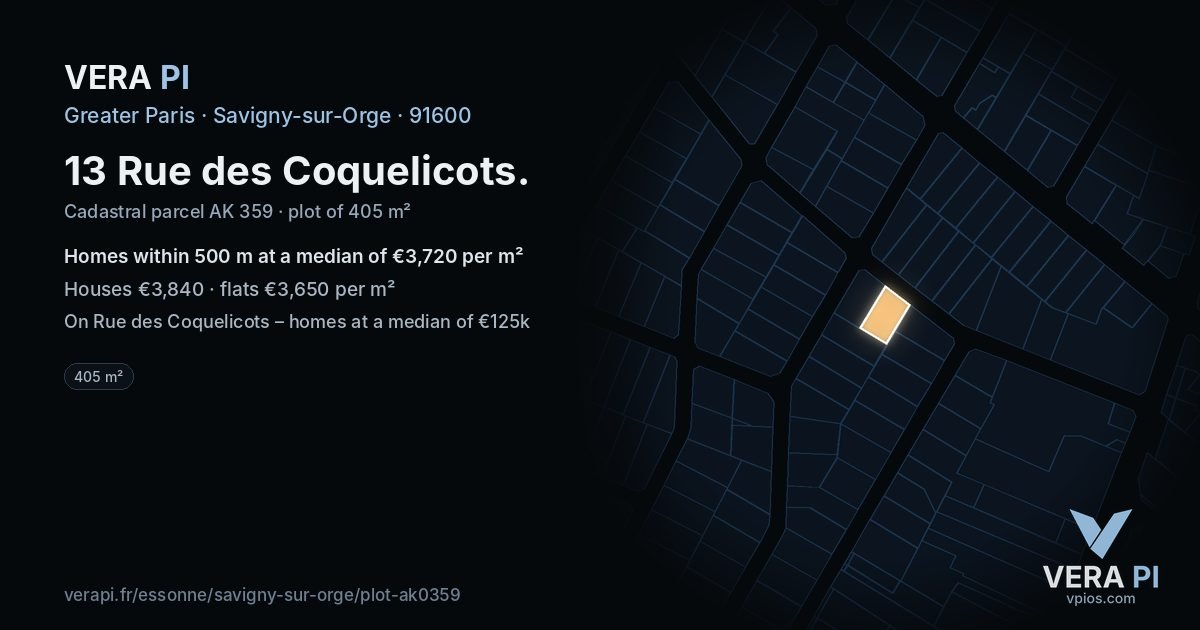 13 Rue des Coquelicots, Savigny-sur-Orge at night – the plot lit, the parcels around coloured by the prices near them