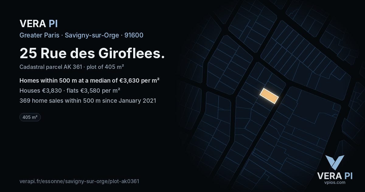 25 Rue des Giroflees, Savigny-sur-Orge at night – the plot lit, the parcels around coloured by the prices near them