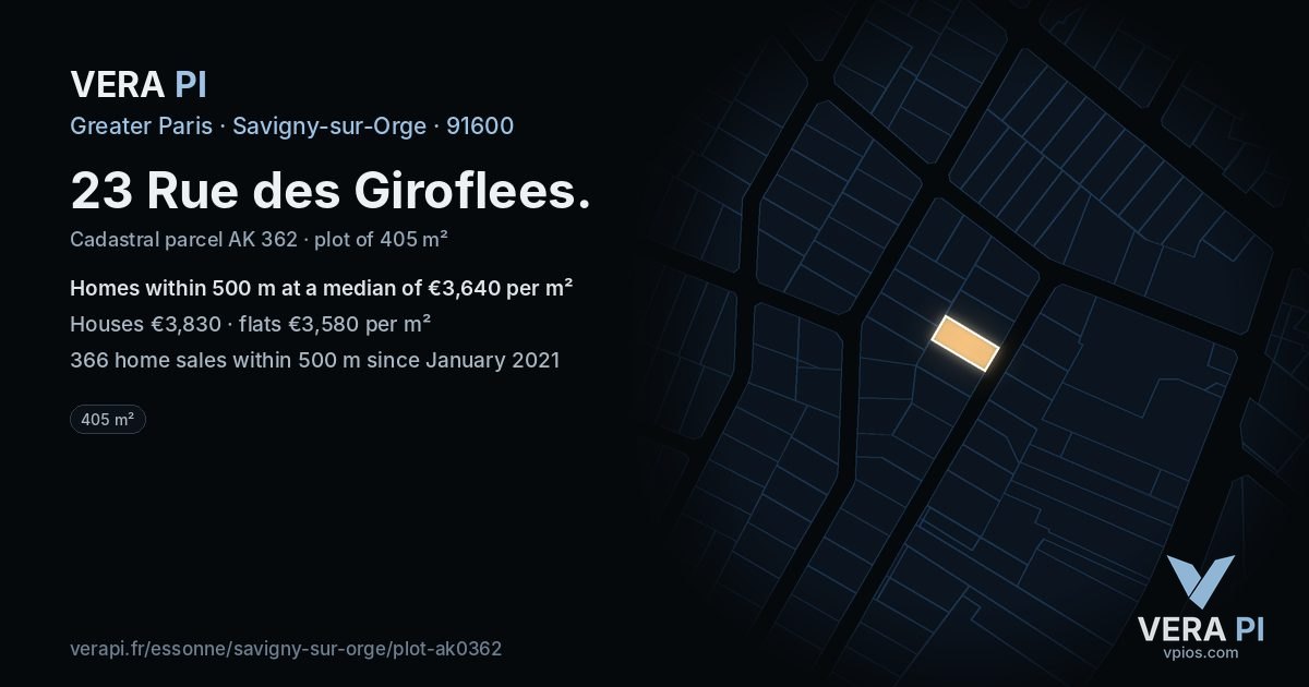 23 Rue des Giroflees, Savigny-sur-Orge at night – the plot lit, the parcels around coloured by the prices near them