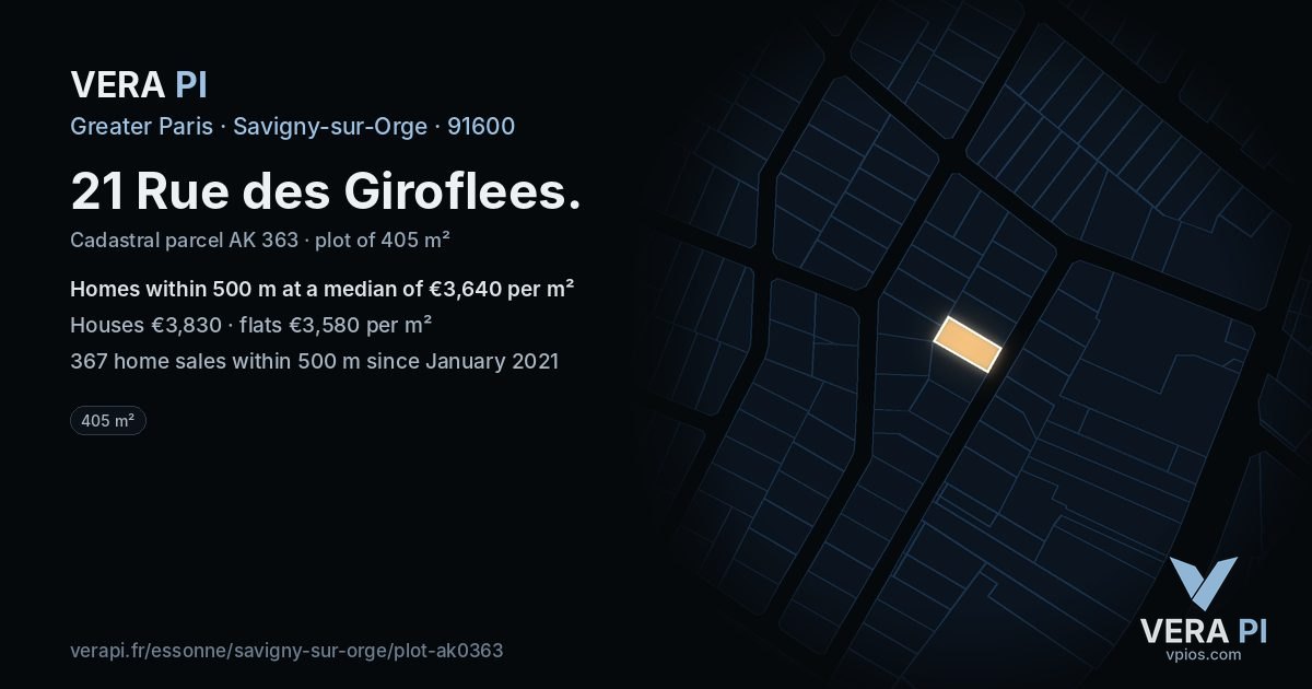 21 Rue des Giroflees, Savigny-sur-Orge at night – the plot lit, the parcels around coloured by the prices near them