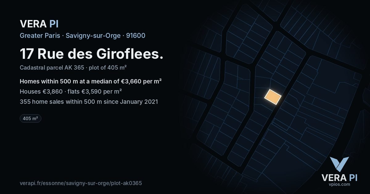 17 Rue des Giroflees, Savigny-sur-Orge at night – the plot lit, the parcels around coloured by the prices near them