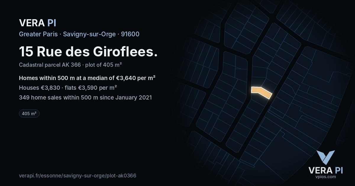 15 Rue des Giroflees, Savigny-sur-Orge at night – the plot lit, the parcels around coloured by the prices near them