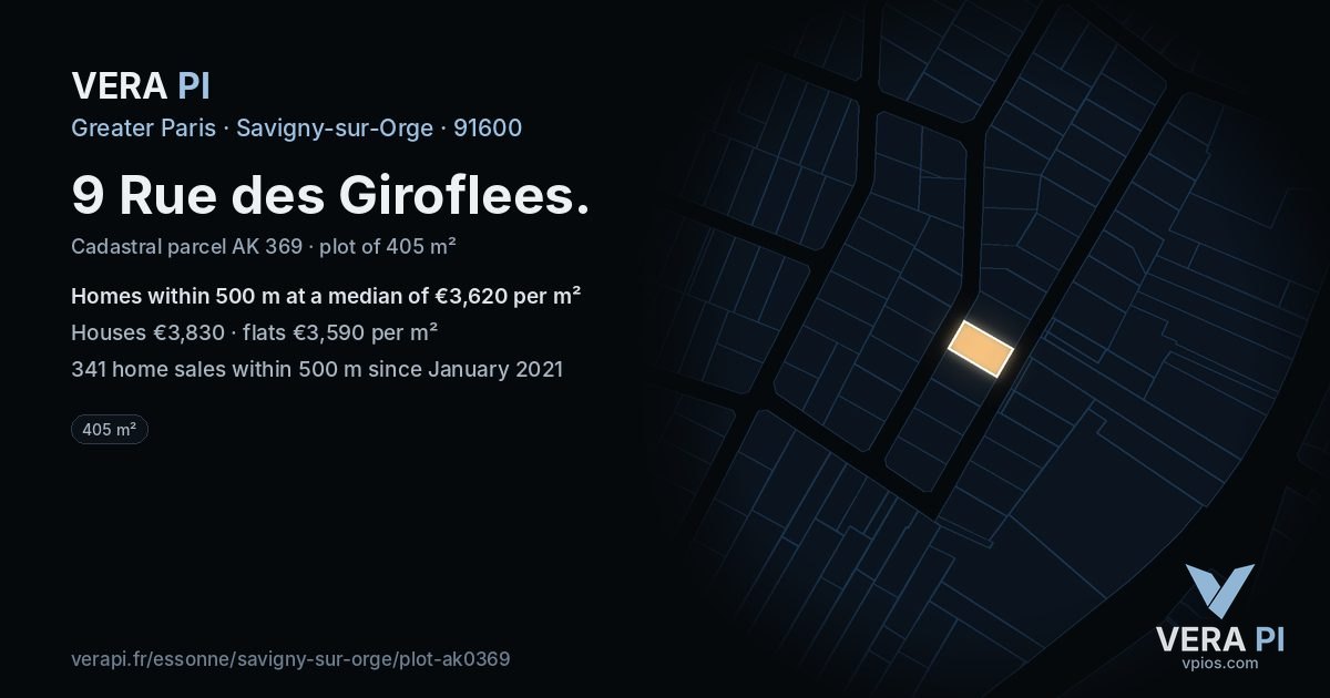 9 Rue des Giroflees, Savigny-sur-Orge at night – the plot lit, the parcels around coloured by the prices near them