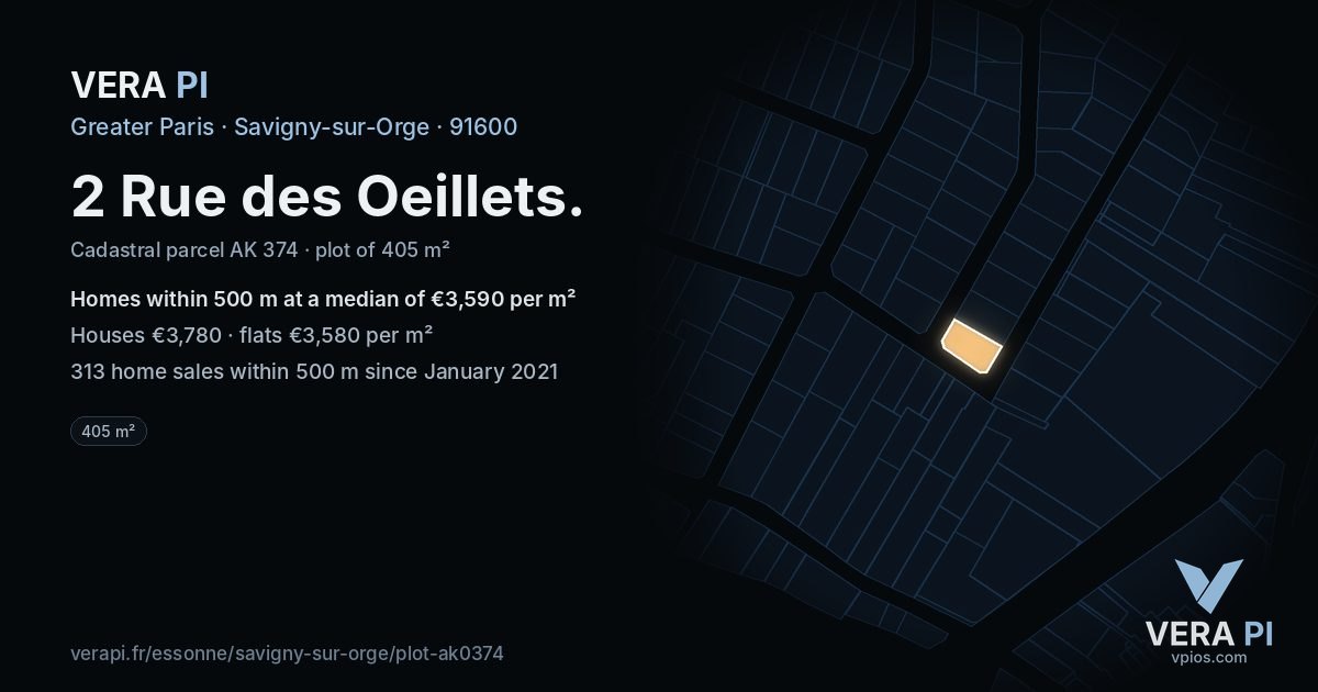 2 Rue des Oeillets, Savigny-sur-Orge at night – the plot lit, the parcels around coloured by the prices near them
