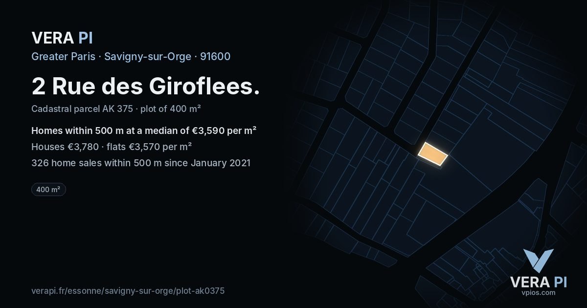2 Rue des Giroflees, Savigny-sur-Orge at night – the plot lit, the parcels around coloured by the prices near them