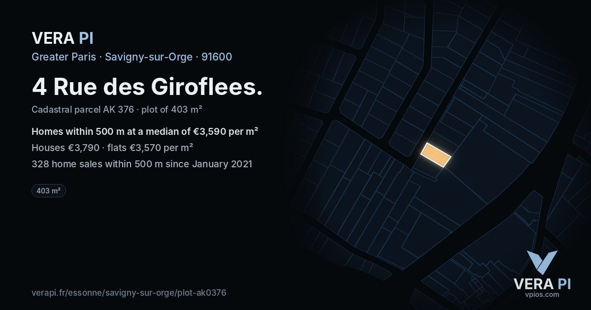 4 Rue des Giroflees, Savigny-sur-Orge at night – the plot lit, the parcels around coloured by the prices near them