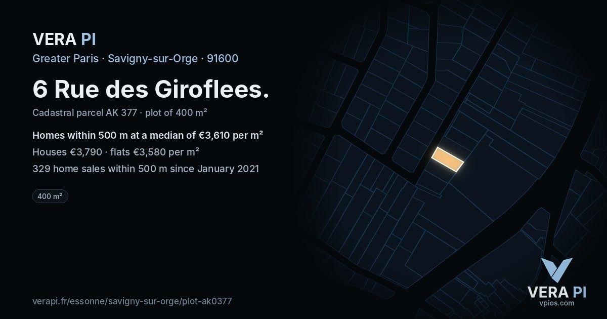 6 Rue des Giroflees, Savigny-sur-Orge at night – the plot lit, the parcels around coloured by the prices near them