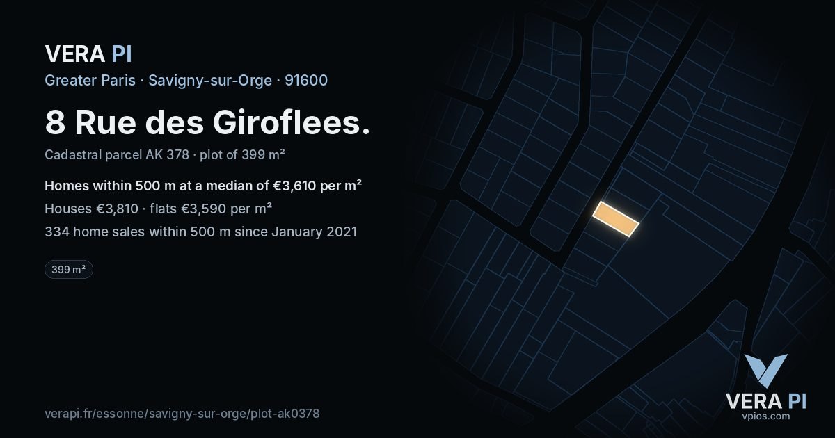 8 Rue des Giroflees, Savigny-sur-Orge at night – the plot lit, the parcels around coloured by the prices near them
