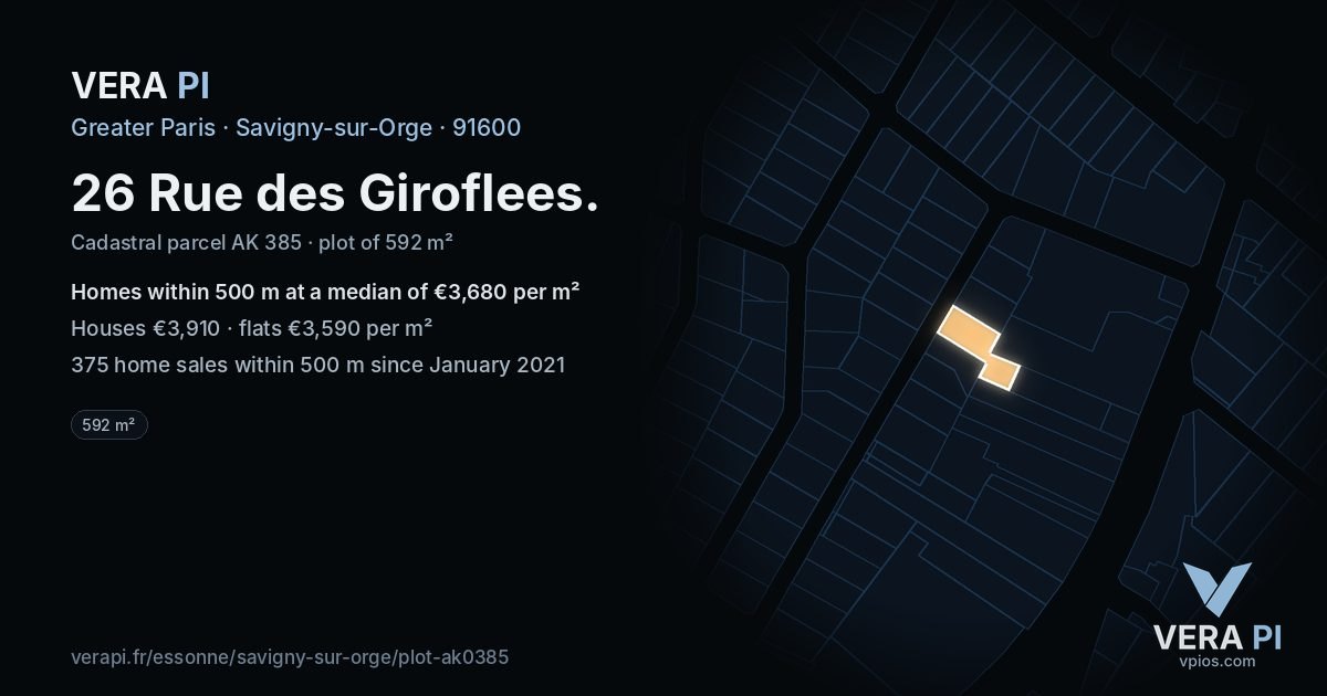 26 Rue des Giroflees, Savigny-sur-Orge at night – the plot lit, the parcels around coloured by the prices near them