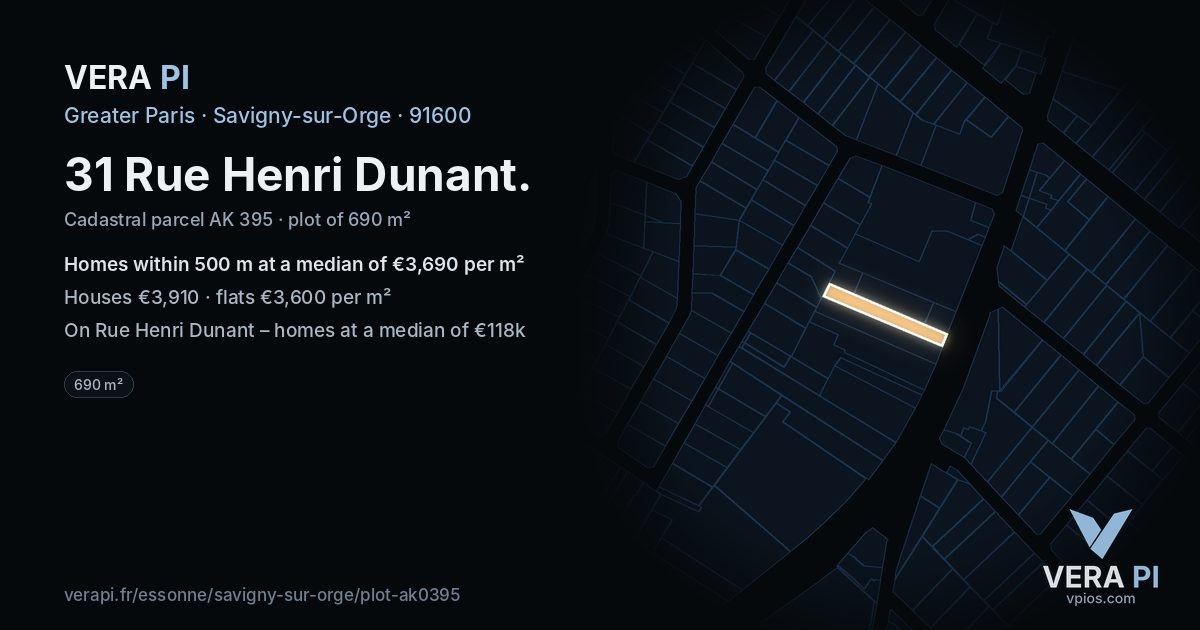 31 Rue Henri Dunant, Savigny-sur-Orge at night – the plot lit, the parcels around coloured by the prices near them