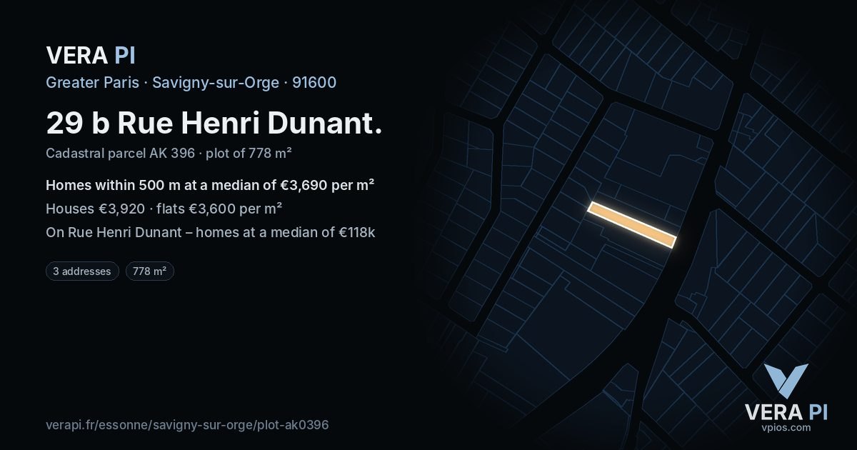 29 b Rue Henri Dunant, Savigny-sur-Orge at night – the plot lit, the parcels around coloured by the prices near them