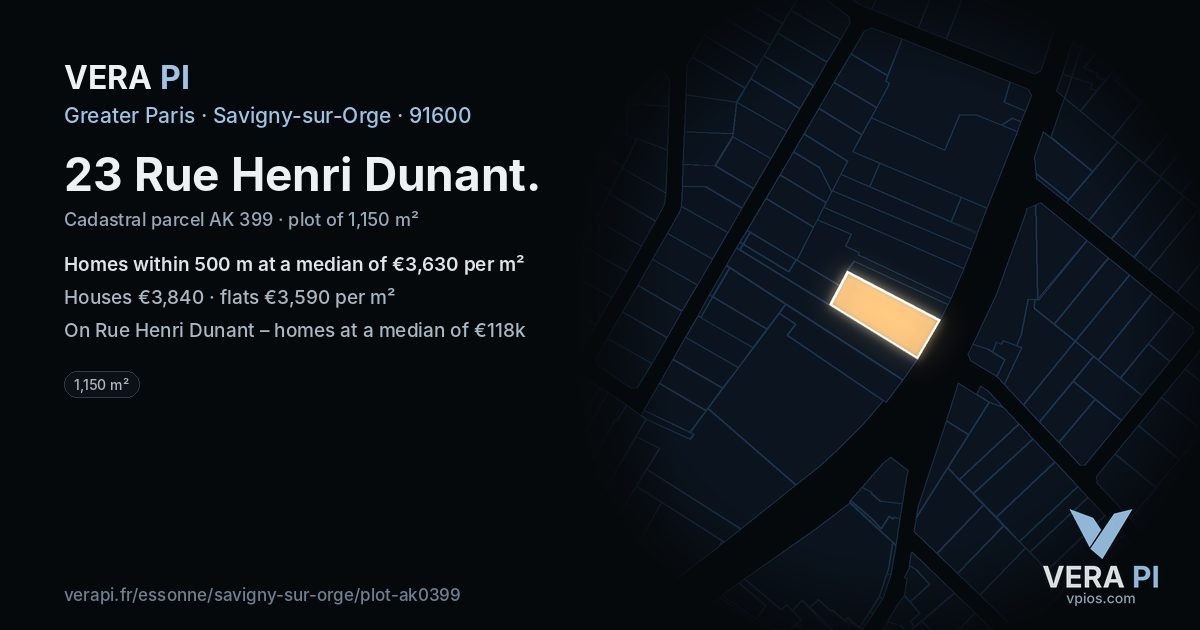 23 Rue Henri Dunant, Savigny-sur-Orge at night – the plot lit, the parcels around coloured by the prices near them