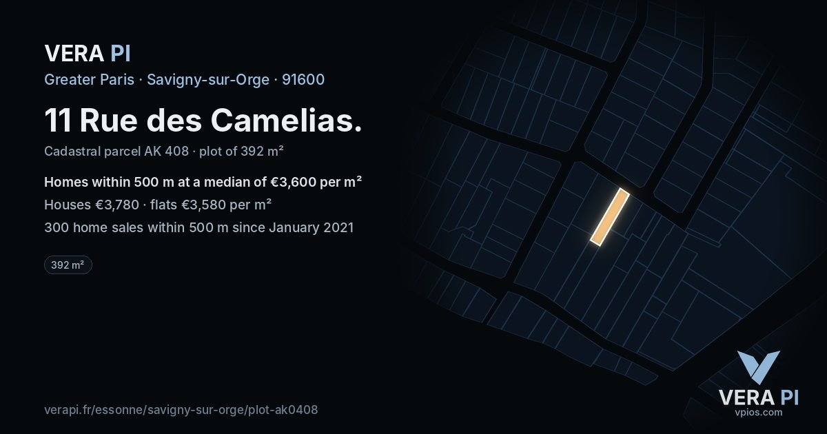 11 Rue des Camelias, Savigny-sur-Orge at night – the plot lit, the parcels around coloured by the prices near them