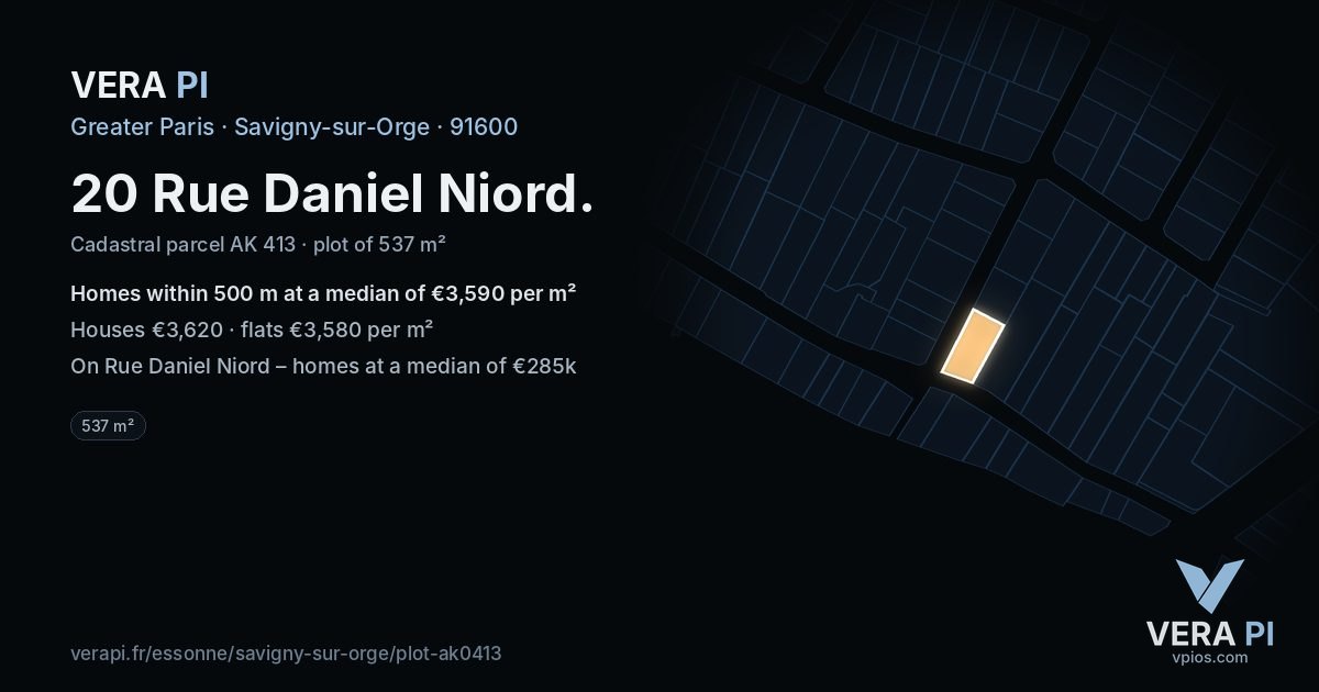 20 Rue Daniel Niord, Savigny-sur-Orge at night – the plot lit, the parcels around coloured by the prices near them