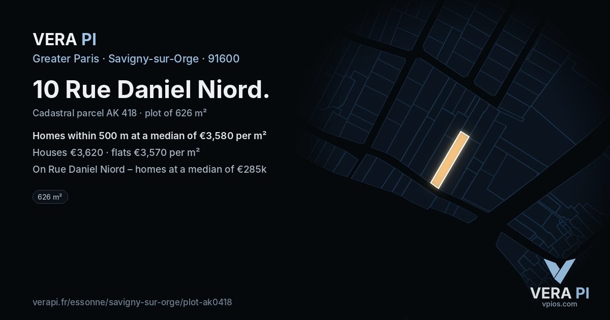 10 Rue Daniel Niord, Savigny-sur-Orge at night – the plot lit, the parcels around coloured by the prices near them