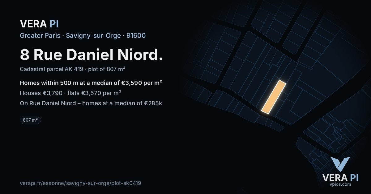 8 Rue Daniel Niord, Savigny-sur-Orge at night – the plot lit, the parcels around coloured by the prices near them