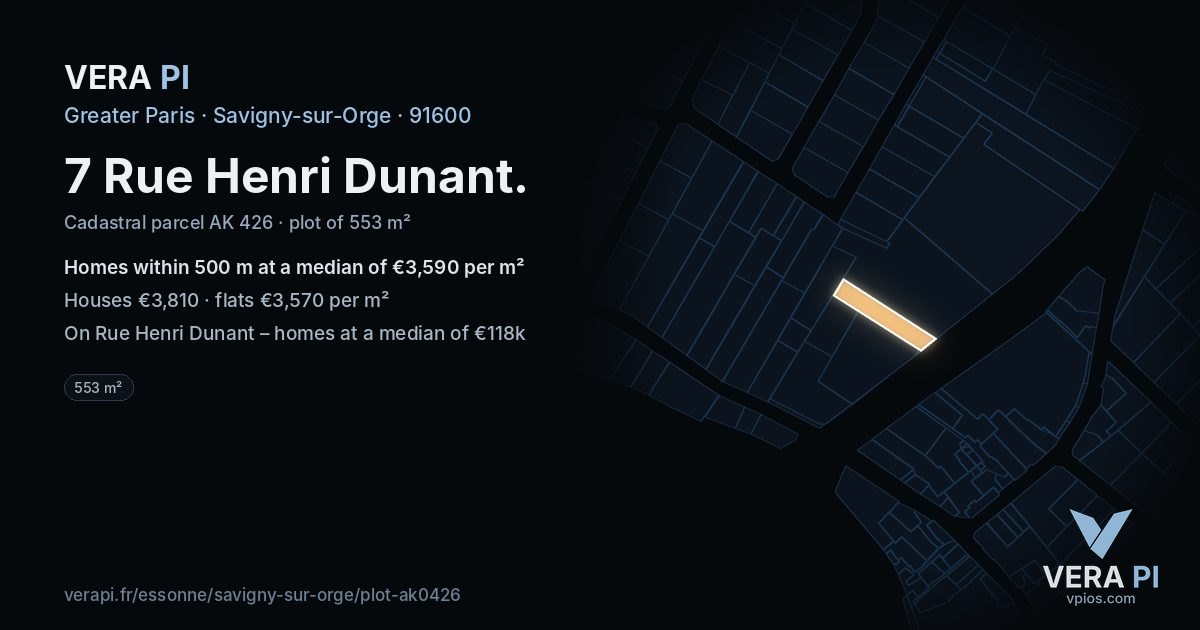 7 Rue Henri Dunant, Savigny-sur-Orge at night – the plot lit, the parcels around coloured by the prices near them