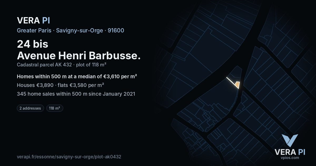 24 bis Avenue Henri Barbusse, Savigny-sur-Orge at night – the plot lit, the parcels around coloured by the prices near them