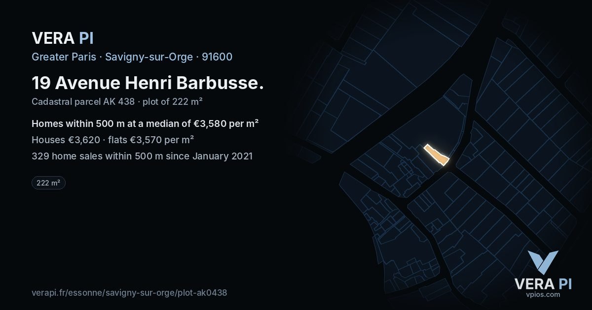19 Avenue Henri Barbusse, Savigny-sur-Orge at night – the plot lit, the parcels around coloured by the prices near them