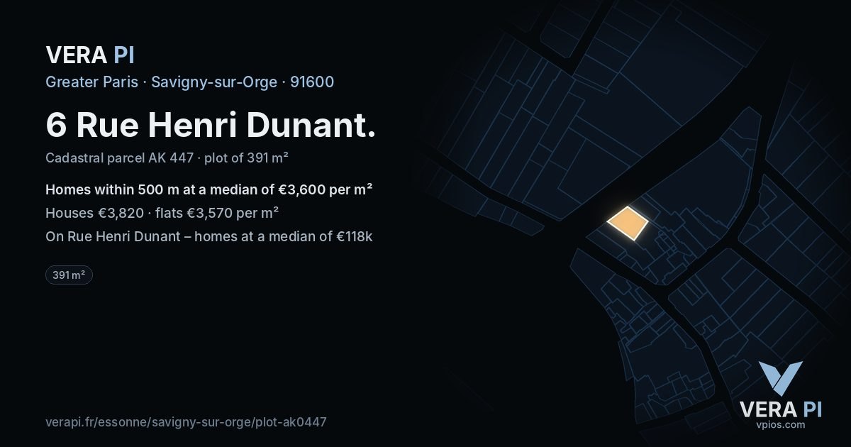 6 Rue Henri Dunant, Savigny-sur-Orge at night – the plot lit, the parcels around coloured by the prices near them