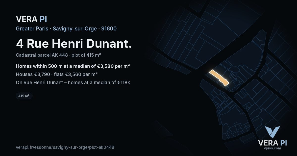 4 Rue Henri Dunant, Savigny-sur-Orge at night – the plot lit, the parcels around coloured by the prices near them
