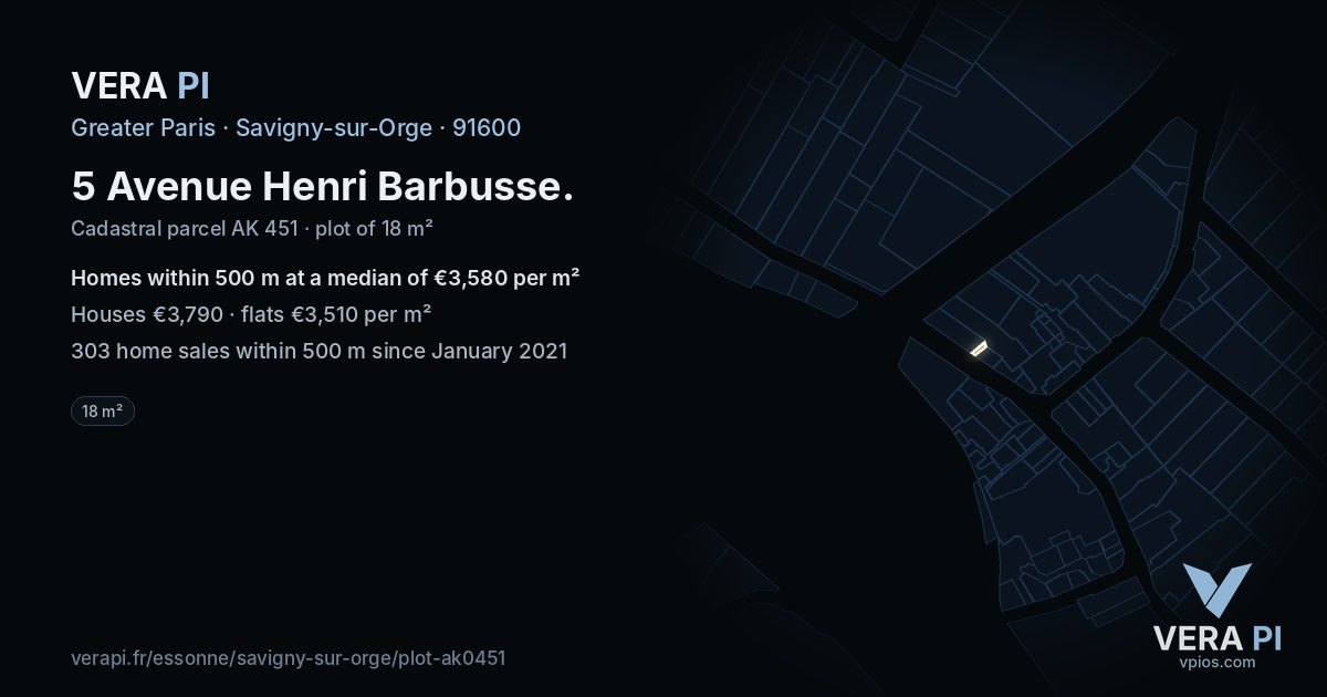 5 Avenue Henri Barbusse, Savigny-sur-Orge at night – the plot lit, the parcels around coloured by the prices near them