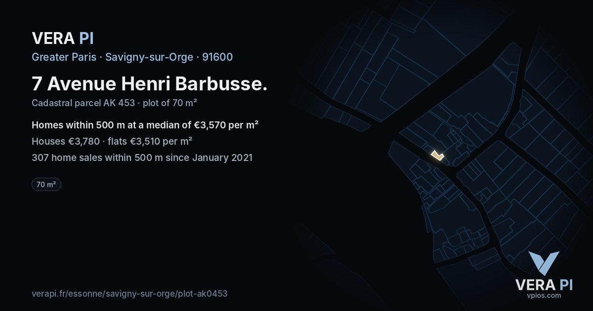 7 Avenue Henri Barbusse, Savigny-sur-Orge at night – the plot lit, the parcels around coloured by the prices near them
