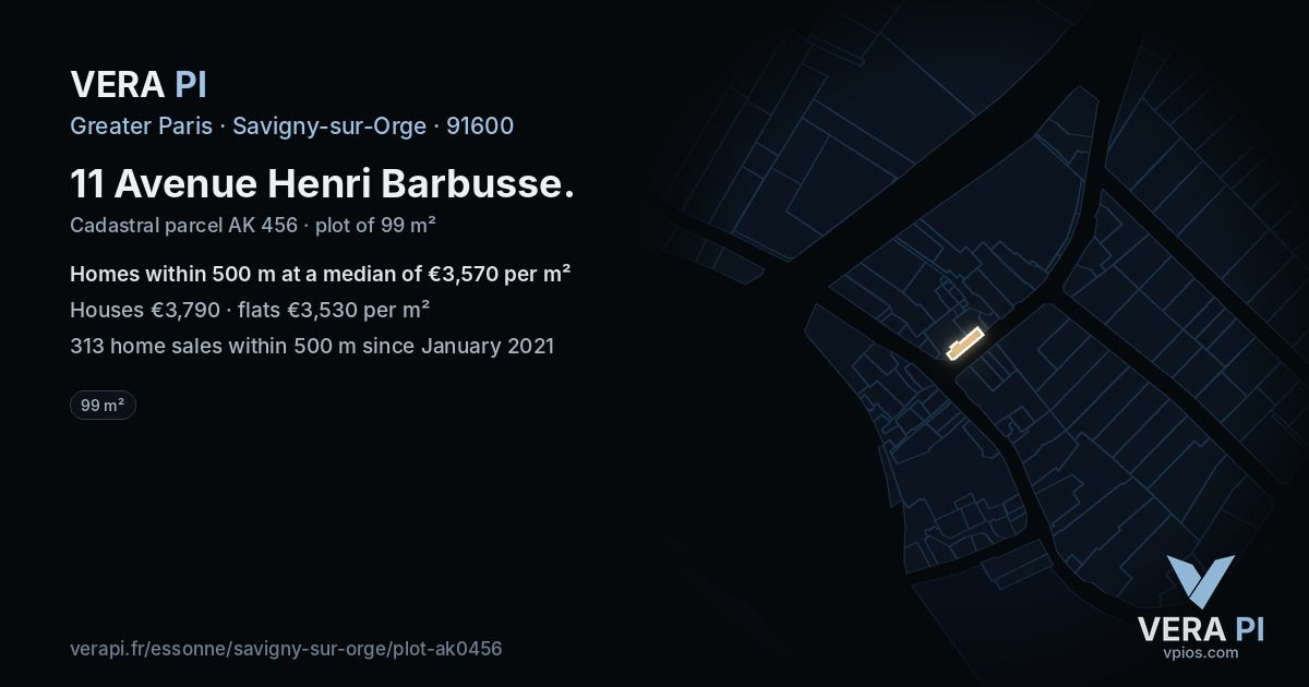 11 Avenue Henri Barbusse, Savigny-sur-Orge at night – the plot lit, the parcels around coloured by the prices near them