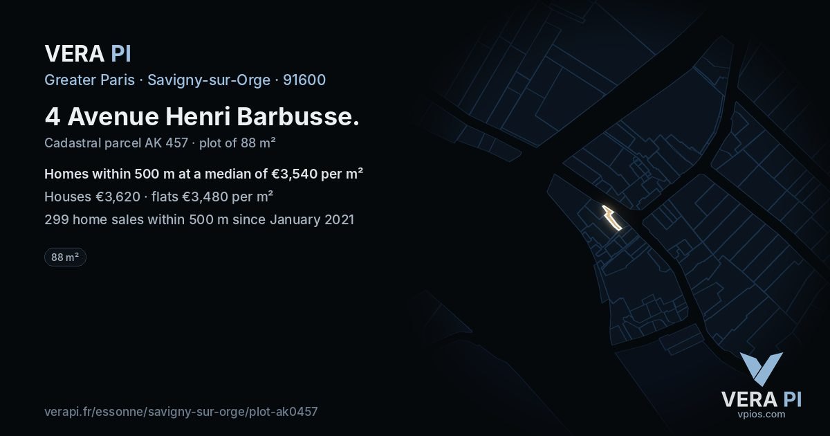 4 Avenue Henri Barbusse, Savigny-sur-Orge at night – the plot lit, the parcels around coloured by the prices near them