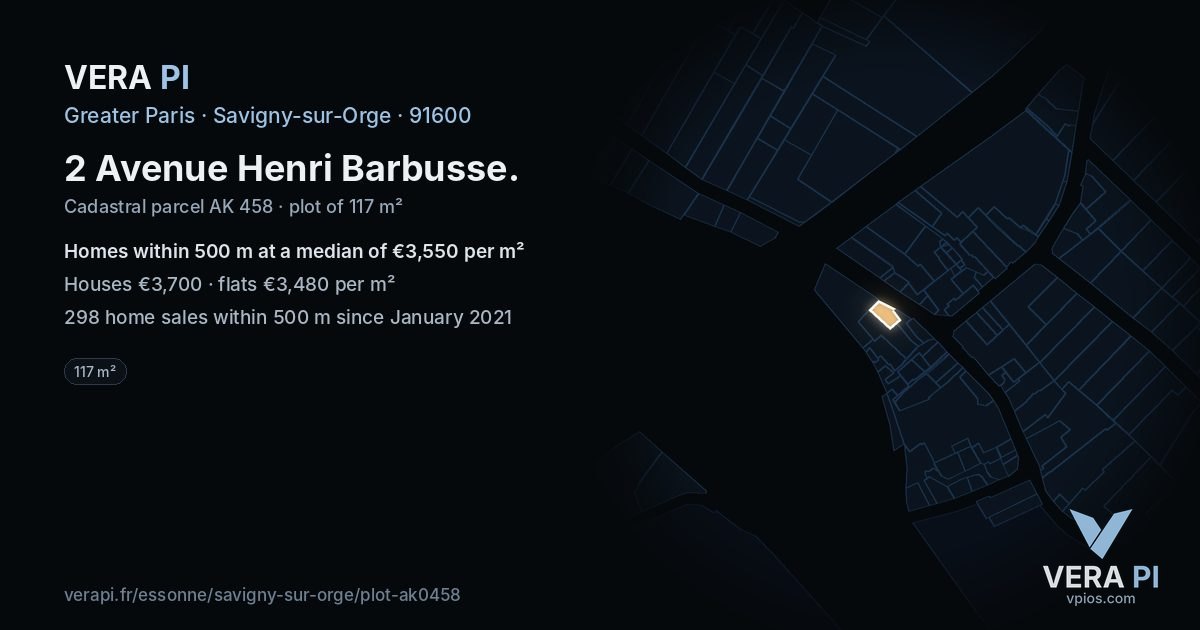2 Avenue Henri Barbusse, Savigny-sur-Orge at night – the plot lit, the parcels around coloured by the prices near them