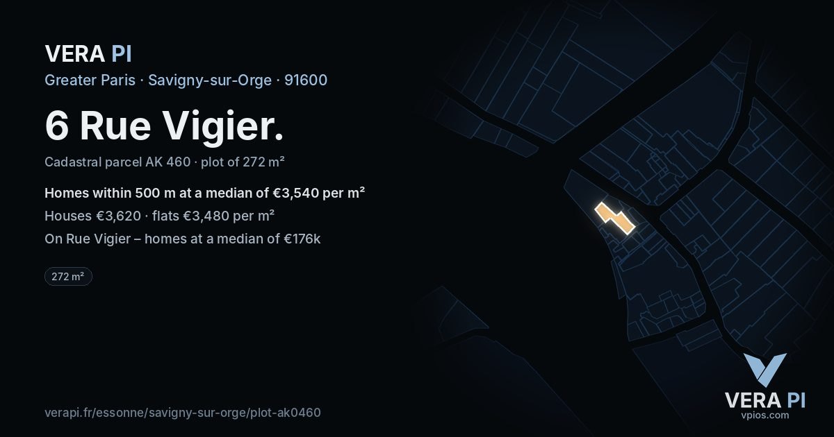 6 Rue Vigier, Savigny-sur-Orge at night – the plot lit, the parcels around coloured by the prices near them