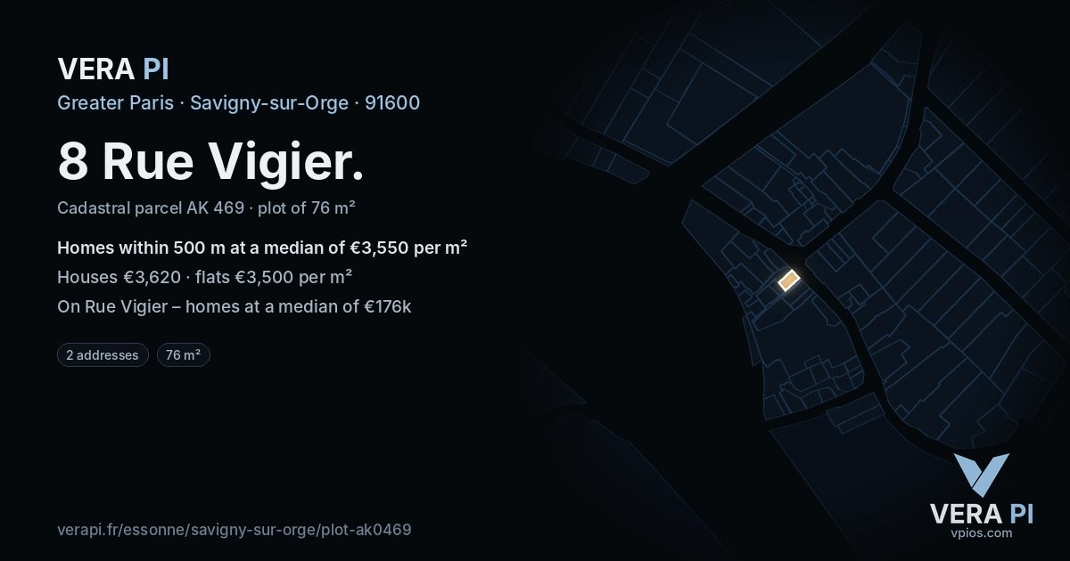 8 Rue Vigier, Savigny-sur-Orge at night – the plot lit, the parcels around coloured by the prices near them