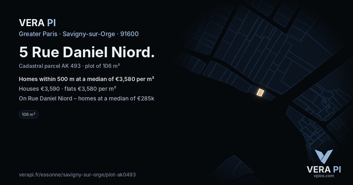 5 Rue Daniel Niord, Savigny-sur-Orge at night – the plot lit, the parcels around coloured by the prices near them