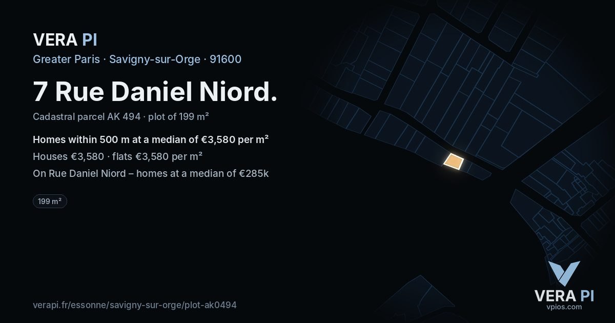 7 Rue Daniel Niord, Savigny-sur-Orge at night – the plot lit, the parcels around coloured by the prices near them