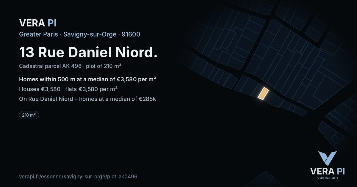 13 Rue Daniel Niord, Savigny-sur-Orge at night – the plot lit, the parcels around coloured by the prices near them