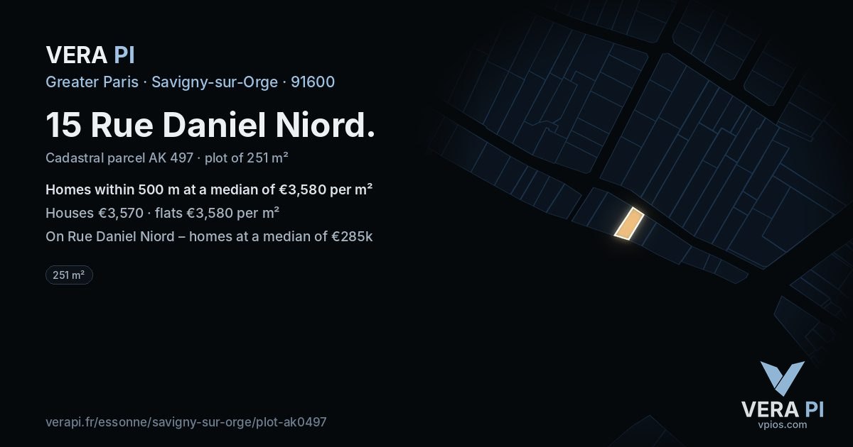 15 Rue Daniel Niord, Savigny-sur-Orge at night – the plot lit, the parcels around coloured by the prices near them