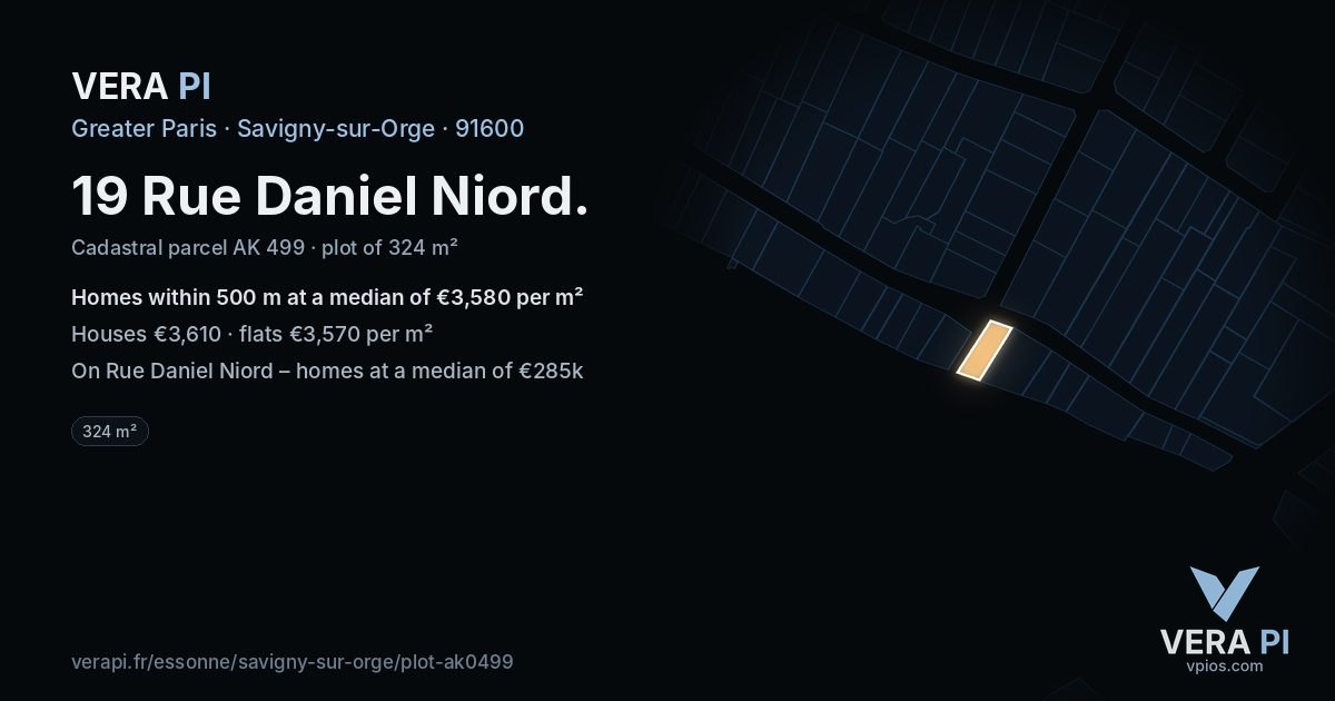 19 Rue Daniel Niord, Savigny-sur-Orge at night – the plot lit, the parcels around coloured by the prices near them