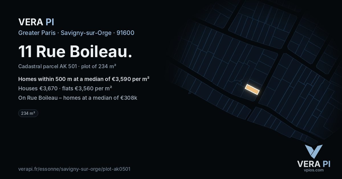 11 Rue Boileau, Savigny-sur-Orge at night – the plot lit, the parcels around coloured by the prices near them