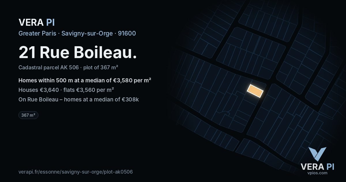 21 Rue Boileau, Savigny-sur-Orge at night – the plot lit, the parcels around coloured by the prices near them