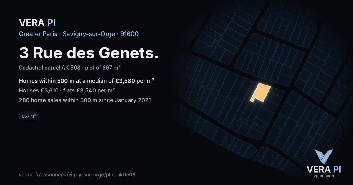 3 Rue des Genets, Savigny-sur-Orge at night – the plot lit, the parcels around coloured by the prices near them