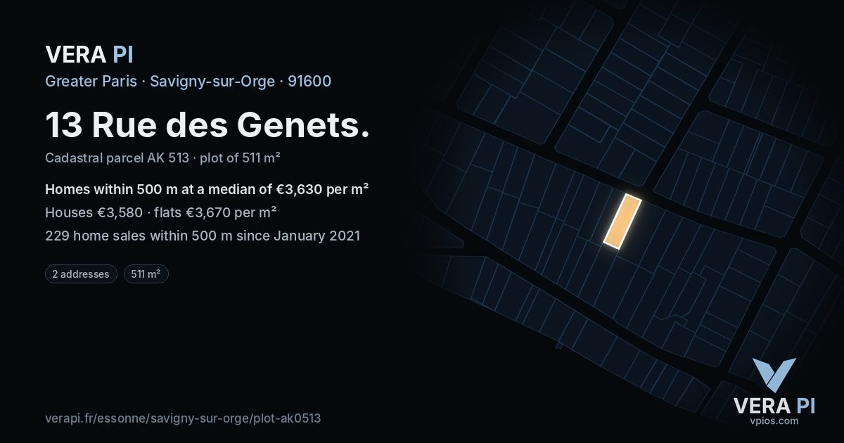 13 Rue des Genets, Savigny-sur-Orge at night – the plot lit, the parcels around coloured by the prices near them