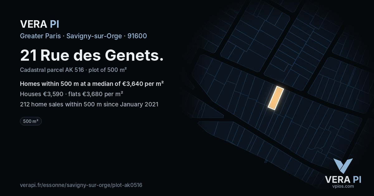 21 Rue des Genets, Savigny-sur-Orge at night – the plot lit, the parcels around coloured by the prices near them